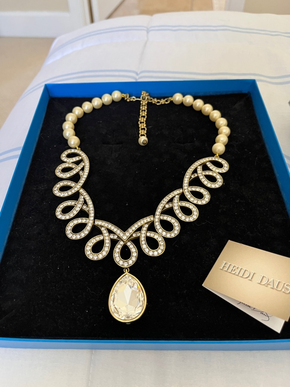 Heidi Daus Gold-Tone Pearl and Crystal Teardrop Statement Necklace